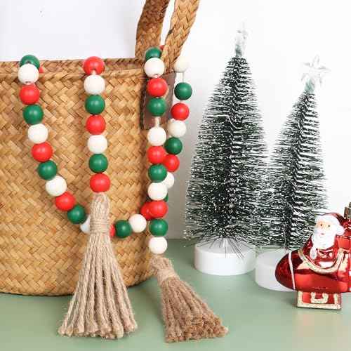 Christmas Wood Bead Garland,39in Farmhouse Beads with Tassels Tiered Tray Decor Wall Hanging Home Ornaments for Christmas Tree Decorations