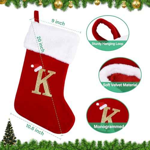 20 Inches Monogram Christmas Stockings with Letters, Large Super Soft Christmas Stockings Red Velvet with White Super Soft Plush Cuff for Christmas Xmas Tree Holiday Fireplace (K)