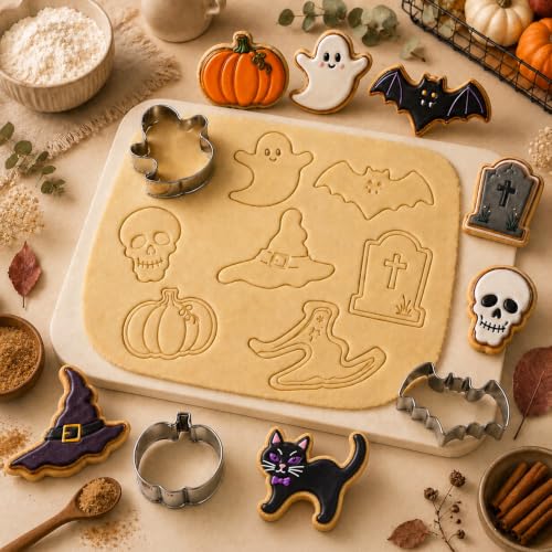 Halloween Cookie Cutter Set 7-Shape Weenkilly Witch Hat Pumpkin Black Cat Ghost Bat Skull Tombstone Variation Halloween