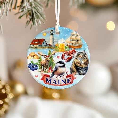 Maine State Christmas Ornament 2025 ? Portland Head Lighthouse, Moose, Lobster, Blueberries, Chickadee & Sailing Ship ? New England Souvenir Gift & Coastal Holiday