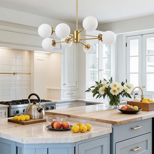 Gold 8-Light Sputnik Chandelier Frosted Glass Ceiling Light Fixture