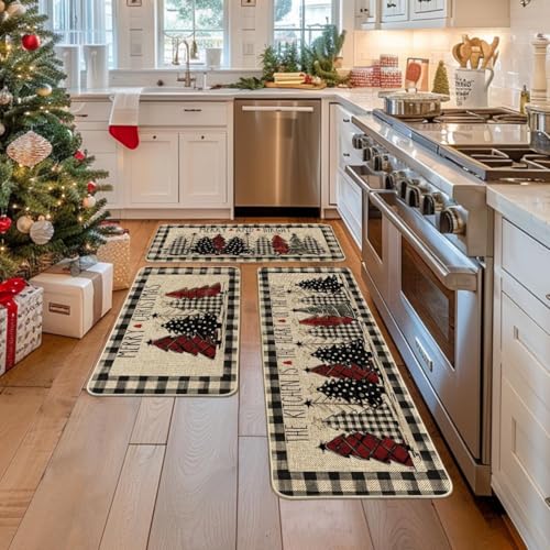 Buffalo Plaid Christmas Kitchen Mats Set of 3 Non-Slip Floor Rugs Winter Decor