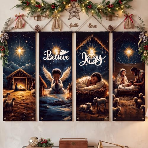 Black Santa Christmas Banner Set - African American Nativity & Holiday Decor, 4 Pieces