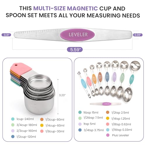 Magnetic Measuring Cups and Spoons Set - Heavy Duty 304 Stainless Steel, Color Variations