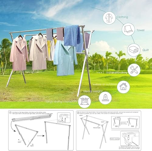 Extendable Clothes Drying Rack with 20 Hooks - 79.55 Inches Stainless Steel Laundry Organizer