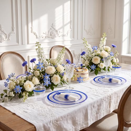 350Pcs Dark Blue Plastic Dinnerware Set for 50 Guests - Clear Plates