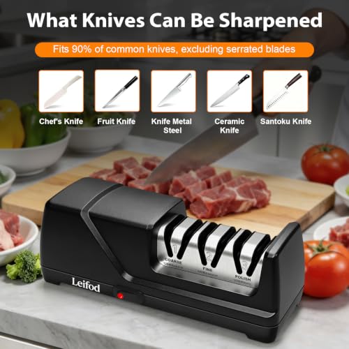 Electric Knife Sharpener with 3-Stage System and 15° Guide for Kitchen