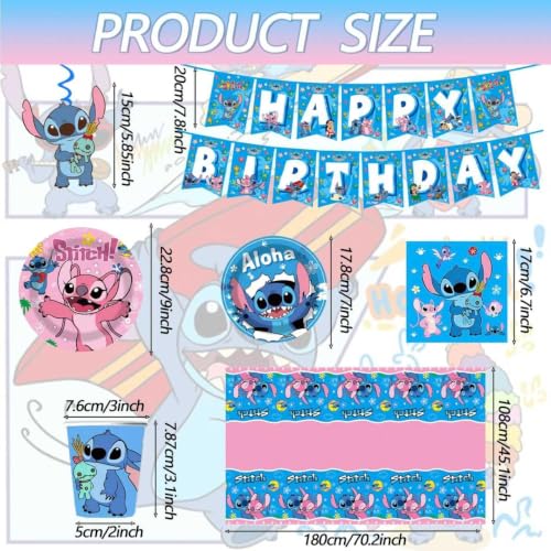 KROCEUS Stitch Party Supplies Kit - Birthday Decorations, Plates, Cups, Banner & Tablecloth, 88pcs - Bu1