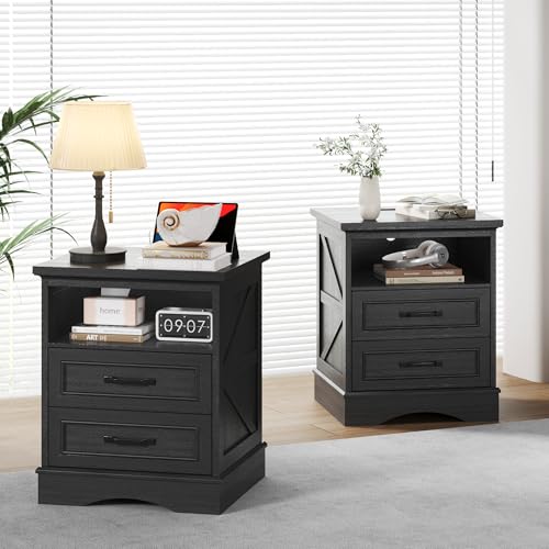 Fluest 24-Inch Farmhouse Nightstand with Fast Charging Station, Rustic Black