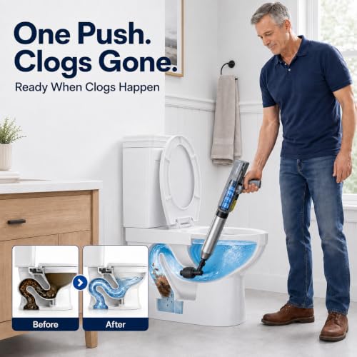 Electric Toilet Plunger with High-Pressure Air Unclogger & Disposable Wand System