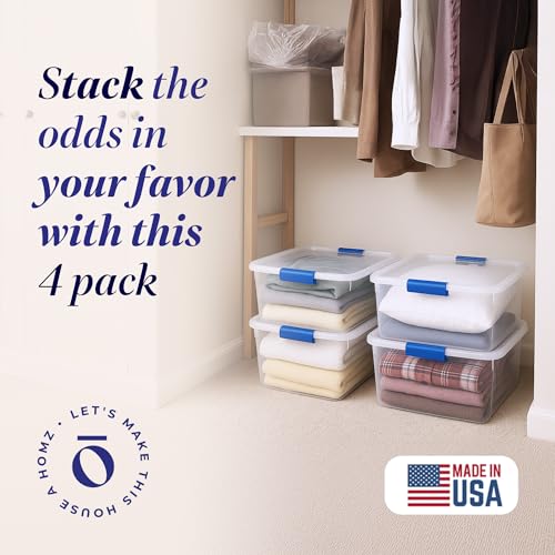 HOMZ 15.5 Qt Clear Plastic Storage Bins with Latching Lid - Blue, 4 Pack