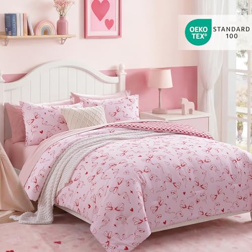 AMBERSPACE Red Bow & Heart Full Comforter Set for Girls - 7 Pieces, Aesthetic Bed in a Bag