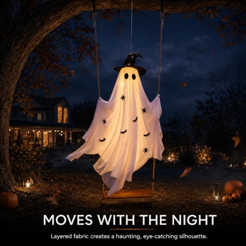 CRILARY White 5.9ft Halloween Swinging Ghost Outdoor Decor with Lights
