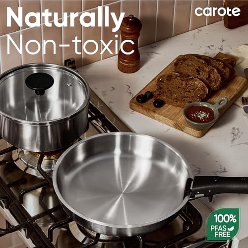 CAROTE 15-Piece Tri-Ply Stainless Steel Cookware Set with Detachable Handles - Silver