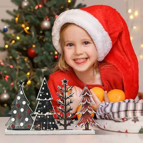 Smile Christmas Table Decor, Standing Centerpieces, 4Pcs Christmas Trees Wooden Signs, Shelf Decor.