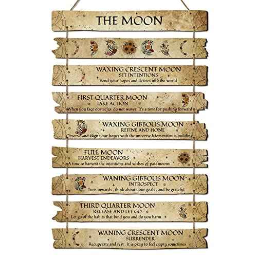 Qunclay Witchcraft Knowledge Sign Witch Decor Wooden Wall Art Witchy Moon Phase Wall Hanging Vintage Meanings Plaque Gift for Christmas Halloween Home Room Kitchen Decorations 20 x 12 In