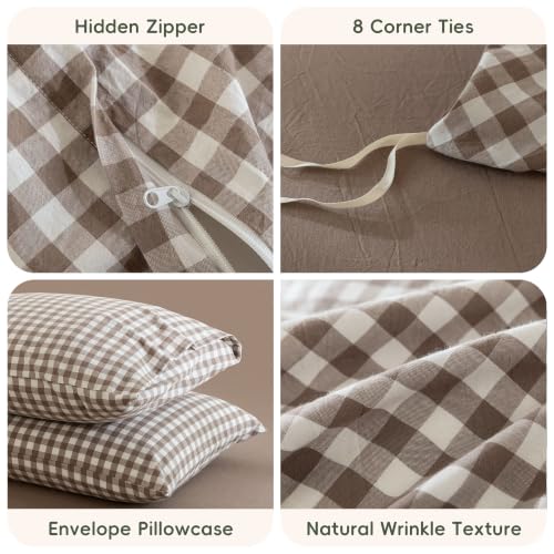 JIYUAN California King Cotton Duvet Cover Set Light Brown Gingham - No Comforter