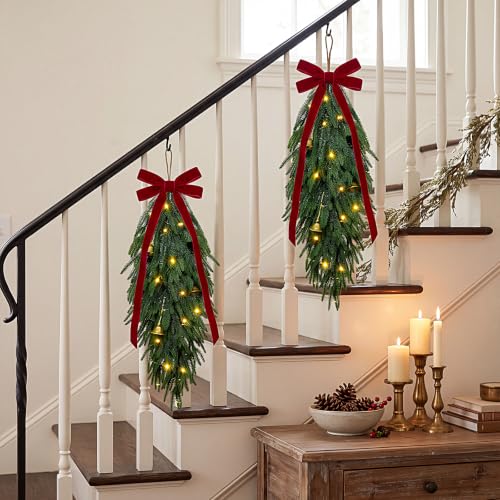 Green 2-Pack 36" Norfolk Pine Christmas Teardrop Swag with LED Lights - Holiday Decor