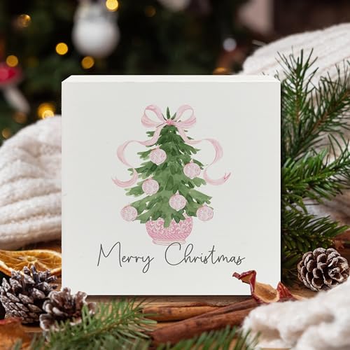 JWVK Pink Ribbon Chinoiserie 5x5 Wooden Box Sign - Grandmillennial Christmas Decor, Color-4