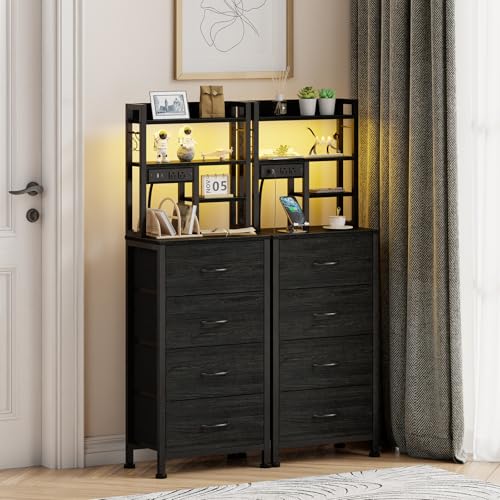 Furnulem Tall Nightstand with LED Lights, Charging Station & 4 Drawers - Black Oak, Variation 1