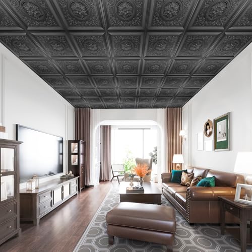 Black Drop Ceiling Tiles 24x24 Inches - Waterproof 3D Wall Art Pack of 24 - Vintage Style