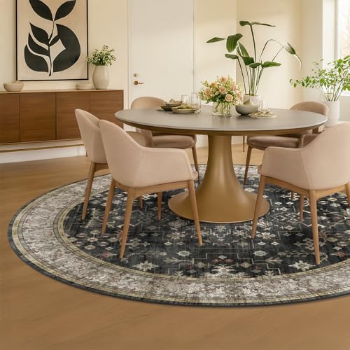 Ashen Round 7ft Boho Washable Area Rug - Non Slip Vintage Carpet for Living Room