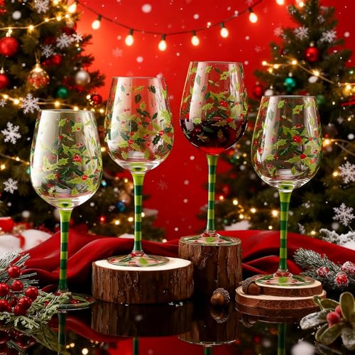 SiliFine 4 Pcs Christmas Holly Berry Stemmed Wine Glasses Set with Holiday Design