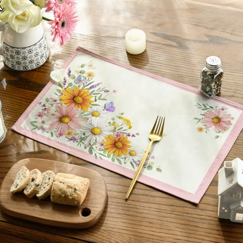Artoid Mode Pink Sunflowers Butterfly 12x18 Inch Seasonal Placemats Set of 4 for Dining & Holiday Decor