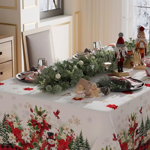XCHI 60x104 Inch Red Plaid Poinsettia Snowman Christmas Tablecloth – Washable Rectangular Holiday Decor