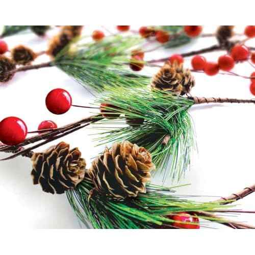 Winter Garland Christmas Decoration of Red Berries, Pine Cones & Evergreen Pine Needle ? Unlit Holiday Berry D?cor for Home, Kitchen, Bar & Fireplace & Decorative Outdoor Greenery 6 Ft Long Clearance