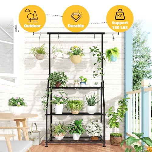 3-Tier Rectangular Heavy Duty Metal Plant Stand with Extendable Hanging Rod - Indoor Outdoor Garden Shelf