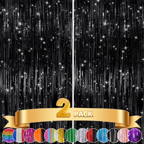 GCB 2Pack Black Metallic Tinsel Foil Fringe Curtains, Black Foil Curtain Backdrop, Photo Booth Props for Birthday Wedding Baby Shower Bachelorette Xmas Celebration Party Decorations Door Streamers