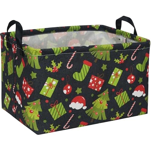 Rectangular Christmas Baskets,Tree Basket Empty,Waterproof PE Coating Kids Baskets with Handles,Gifts Book Bins,Gift Bin. (Christmas Tree)
