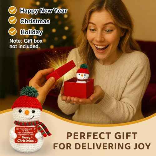 Crochet Snowman Decor, Merry Christmas Stocking Stuffers for Women Men, Holiday Secret Santa Gifts for Coworker, Small Cute Christmas Desk Table Decorations