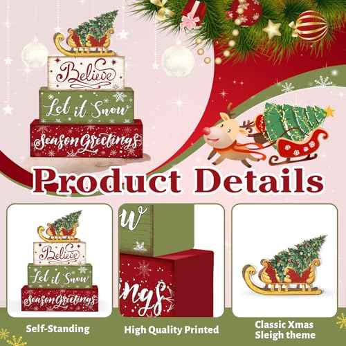 Britimes 4 Pcs Sleigh Christmas Tree Wooden Tiered Tray Decor Set, Farmhouse Rustic Holiday Decorative Stack Block Sign Wonderful Time Table Centerpieces for Home Shelf Table Decorations (Sleigh Tree)