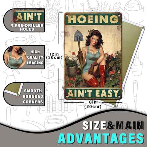 PEACHGARDEN Hoeing Ain't Easy Garden Sign Metal Garden Signs for Outside Yard Art Funny Outdoor Wall Decor Gardening Gifts for Women 8x12 Inch