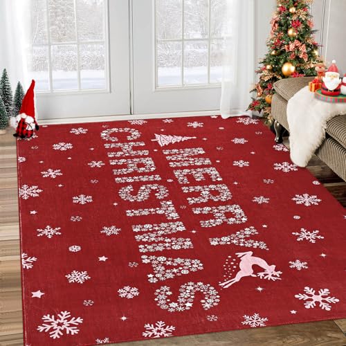 GarveeHome Christmas Snowflake Area Rug 4x6ft Red Washable Non-Slip Winter Decor