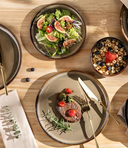 Ceramic Dinnerware Set for 4 - 12-Piece Mocha Brown Kitchen Plates & Bowls