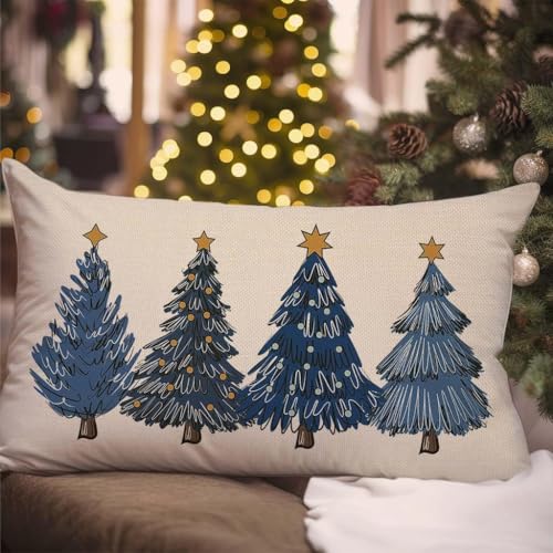 Blue Christmas Throw Pillow Cover 12x20 Inch Christmas Tree Decorations Outdoor Winter Holiday Xmas Decorative Lumbar Throw Pillow Case for Home Sofa Couch Living Room Bedroom Decor