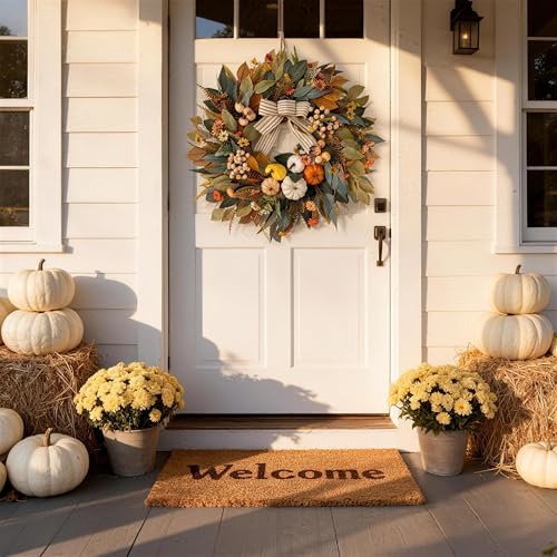 Fall Wreath for Front Door - 24 Inch Pumpkin & Eucalyptus Farmhouse Decor - Variation 09-Farmhouse
