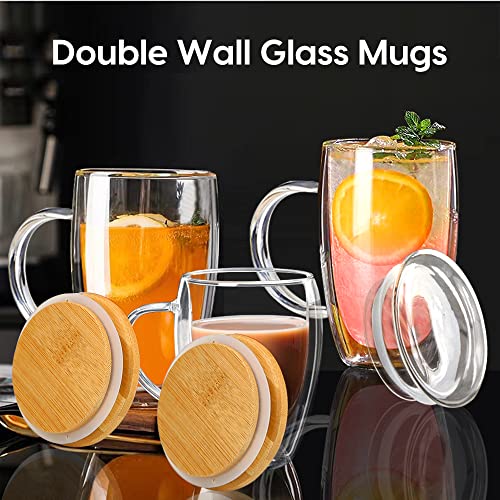 Fornzii 15 Oz Double Walled Glass Coffee Mugs with Glass Lids - Set of 2