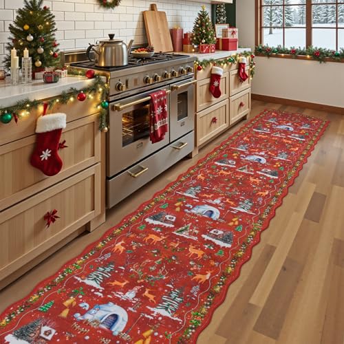 RUGVIGO 2x10 ft Red Christmas Runner Rug - Holiday Scalloped Non-Slip Washable Floor Mat for Entryway & Kitchen