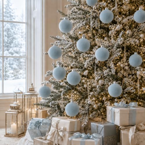 Senjie Dust Blue Velvet Christmas Ornaments Set 3.15 Inch - 18 pcs Holiday Decor