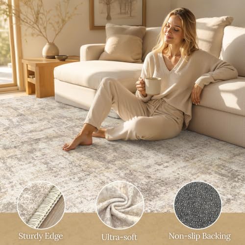 Cotiled Beige 9x12 Area Rug - Washable Soft Abstract Living Room Carpet