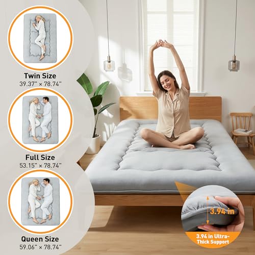 DUMOS Grey Twin Size Japanese Floor Mattress 4-Inch Thick Futon for Sleep & Lounge