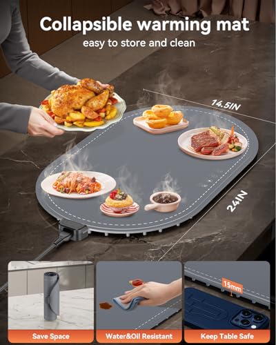 HOSSEE Gray Food Warming Mat 24x15-Inch Silicone Countertop Warmer for Buffets & Gifts