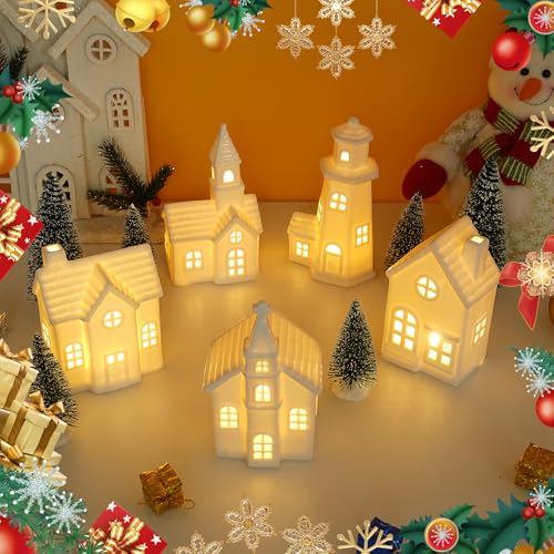White Ceramic Christmas Village Houses Set with Timer & LED Lights