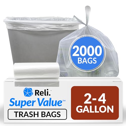 Reli. 2-4 Gallon Trash Bags Bulk 2000 Count - Clear Bathroom & Home Use