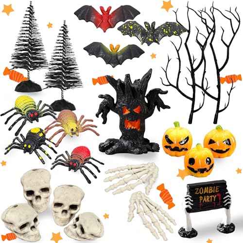 ZXSWEET Halloween Village Accessories Set Miniature Figurines Fake Tree Branches Skull Tree Demon Resin Pumpkin Fake Spiders Bat Hand for Halloween Party Decorations