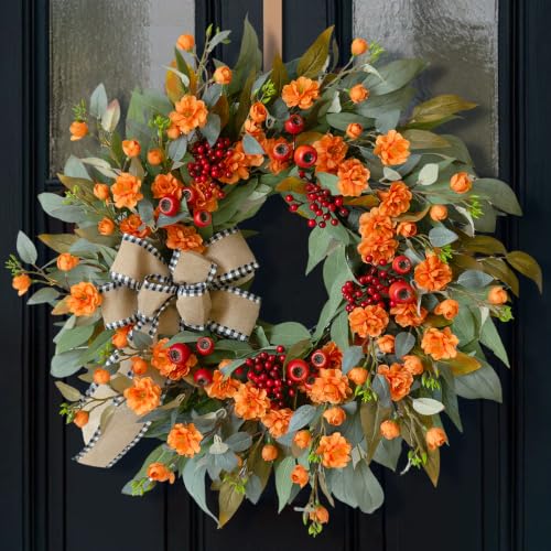Autumn Leaf Wreaths - 24 Inch Fall Door Wreath with Berries & Bow - Harvest Decor